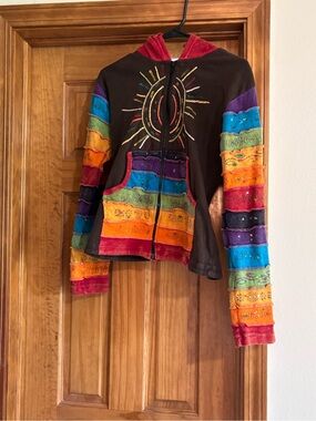 Shop Holic fashion Colorful rainbow Patchwork Zip Hoodie with Sun Motif